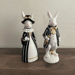 Tophat & Tail Black & White Striped Bunny Rabbit Figurines with Gold Accents